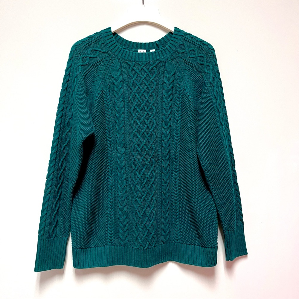 GAP Cable Knit Sweater Green SZ L Tall Cozy Chunky Knit Classic Fisherman Preppy